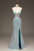 Load image into Gallery viewer, Sparkly Mermaid Grey Blue Sequins Prom Dress with Split Front