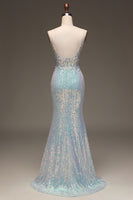 Load image into Gallery viewer, Sparkly Mermaid Grey Blue Sequins Prom Dress with Split Front