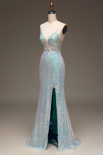 Sparkly Mermaid Grey Blue Sequins Prom Dress with Split Front