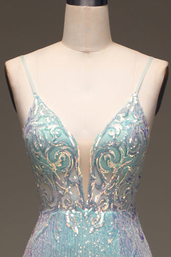 Sparkly Mermaid Grey Blue Sequins Prom Dress with Split Front