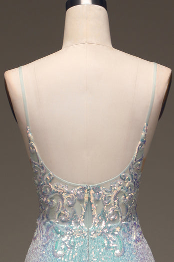 Sparkly Mermaid Grey Blue Sequins Prom Dress with Split Front