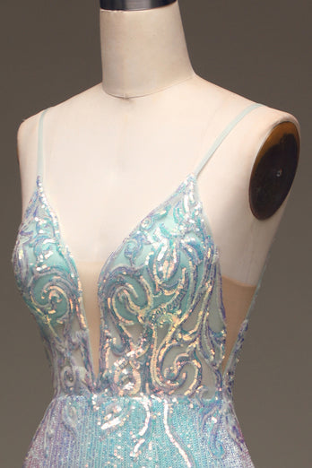 Sparkly Mermaid Grey Blue Sequins Prom Dress with Split Front