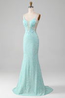 Load image into Gallery viewer, Sequins Sparkly Mermaid Light Green Prom Dress with Slit