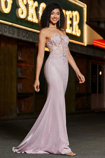 Glitter Blush Mermaid Spaghetti Straps Long Beaded Prom Dress