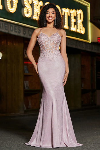 Glitter Blush Mermaid Spaghetti Straps Long Beaded Prom Dress