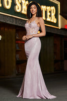 Load image into Gallery viewer, Glitter Blush Mermaid Spaghetti Straps Long Beaded Prom Dress