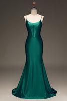 Load image into Gallery viewer, Satin Mermaid Lace-Up Back Dark Green Prom Dress