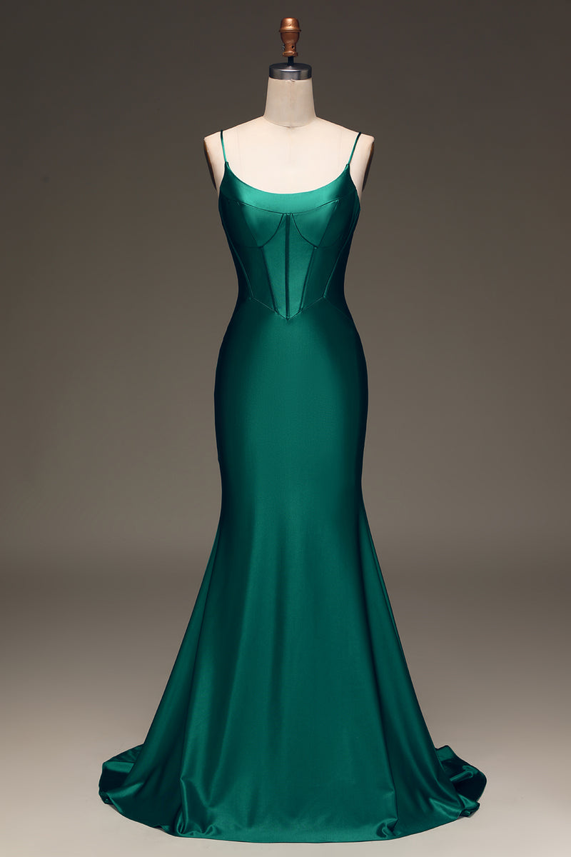 Load image into Gallery viewer, Satin Mermaid Lace-Up Back Dark Green Prom Dress