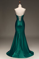 Load image into Gallery viewer, Satin Mermaid Lace-Up Back Dark Green Prom Dress