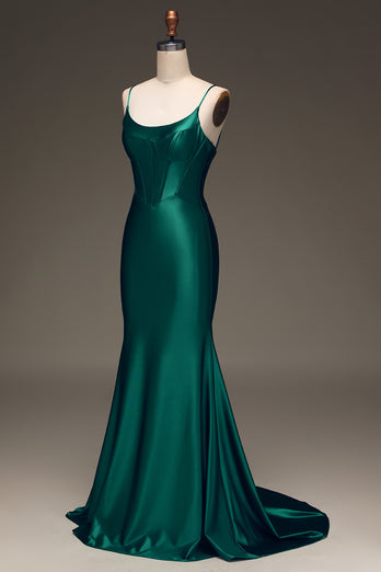 Satin Mermaid Lace-Up Back Dark Green Prom Dress