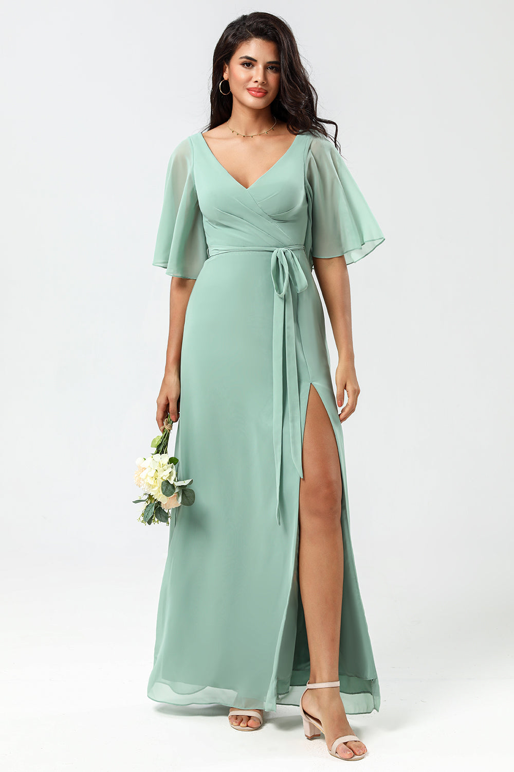 A-Line V-Neck Matcha Long Bridesmaid Dress with Slit
