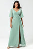 Load image into Gallery viewer, A-Line V-Neck Matcha Long Bridesmaid Dress with Slit