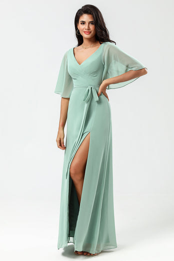A-Line V-Neck Matcha Long Bridesmaid Dress with Slit