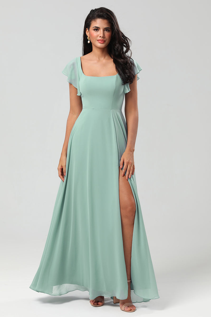 Load image into Gallery viewer, A-Line Square Neck Matcha Bridesmaid Dress with Ruffles