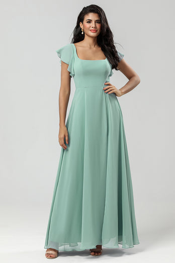 A-Line Square Neck Matcha Bridesmaid Dress with Ruffles
