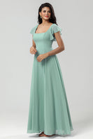 Load image into Gallery viewer, A-Line Square Neck Matcha Bridesmaid Dress with Ruffles