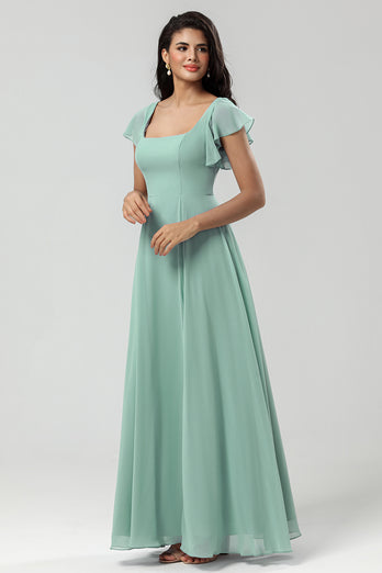 A-Line Square Neck Matcha Bridesmaid Dress with Ruffles