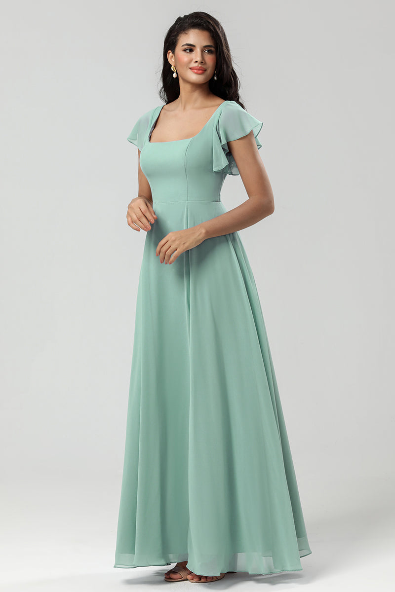 Load image into Gallery viewer, A-Line Square Neck Matcha Bridesmaid Dress with Ruffles