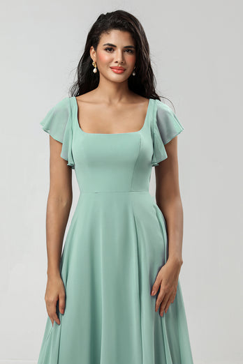 A-Line Square Neck Matcha Bridesmaid Dress with Ruffles