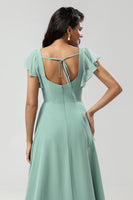 Load image into Gallery viewer, A-Line Square Neck Matcha Bridesmaid Dress with Ruffles