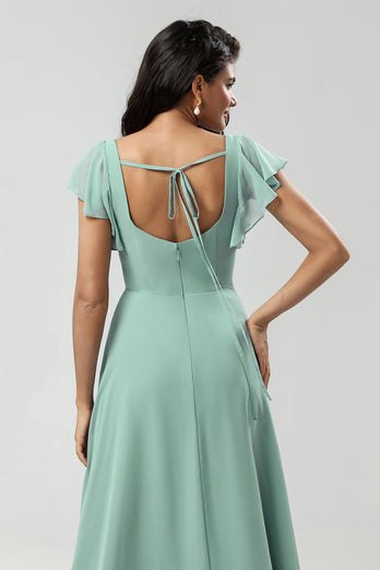 A-Line Square Neck Matcha Bridesmaid Dress with Ruffles