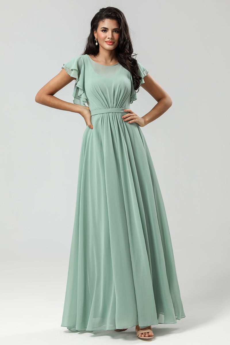 Load image into Gallery viewer, Boat Neck Matcha Long Bridesmaid Dress with Ruffles