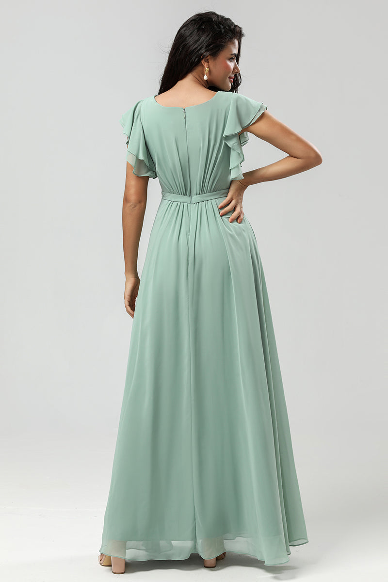 Load image into Gallery viewer, Boat Neck Matcha Long Bridesmaid Dress with Ruffles