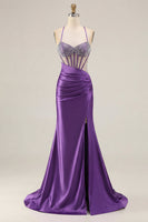 Load image into Gallery viewer, Sparkly Pink Mermaid Long Corset Prom Dress with Slit
