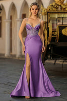 Load image into Gallery viewer, Plus Size Sparkly Dusty Blue Satin Beaded Long Corset Prom Dress with Slit