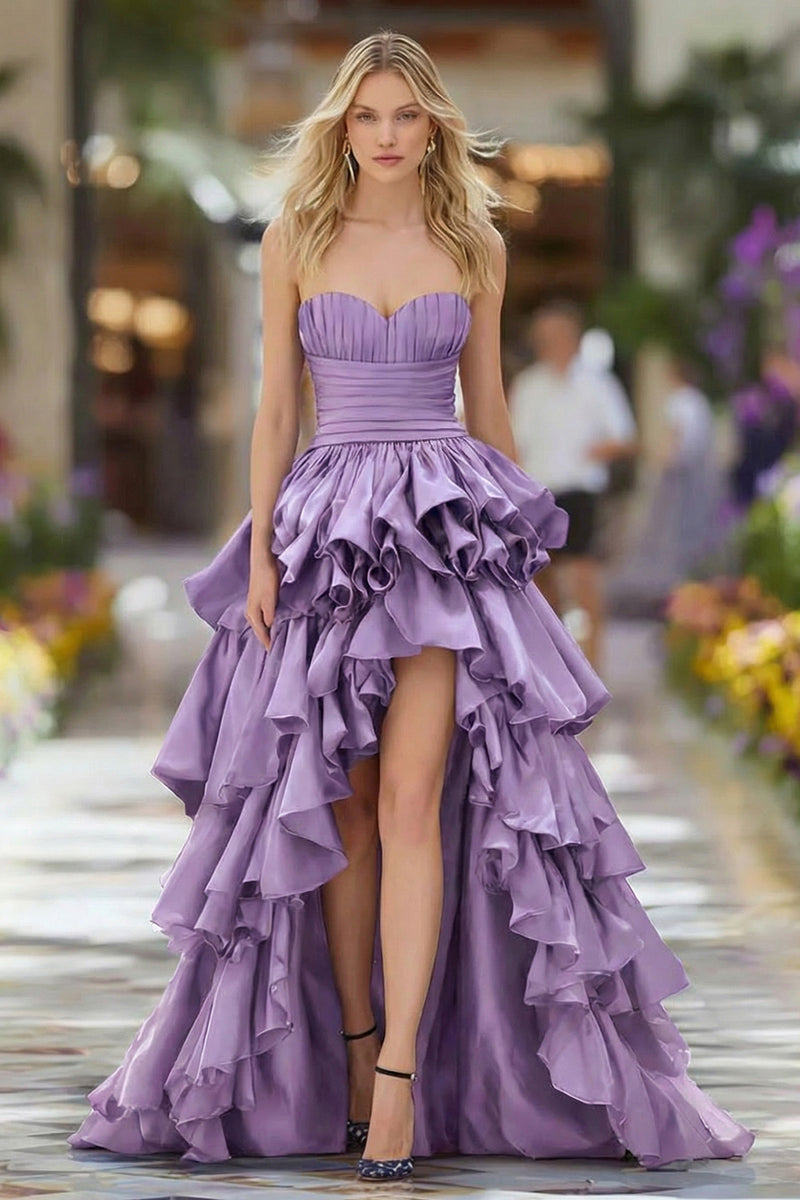 Load image into Gallery viewer, Dark Blue Ruffled Strapless High Low Prom Dress