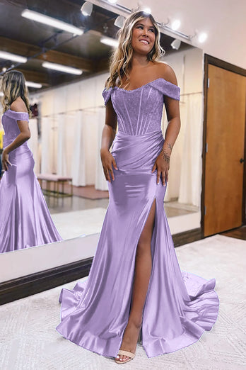 Queendancer Sparkly Lilac Beaded Mermaid Long Prom Dress with Slit _1