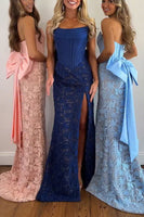 Load image into Gallery viewer, Red Lace Corset Mermaid Strapless Long Prom Dress with Bow