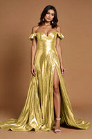 Load image into Gallery viewer, Golden A Line Metallic Ruffled Maxi Prom Dress with Slit