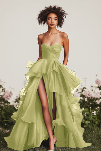 Dark Green Ruched Tiered Strapless Long Formal Dress with Slit