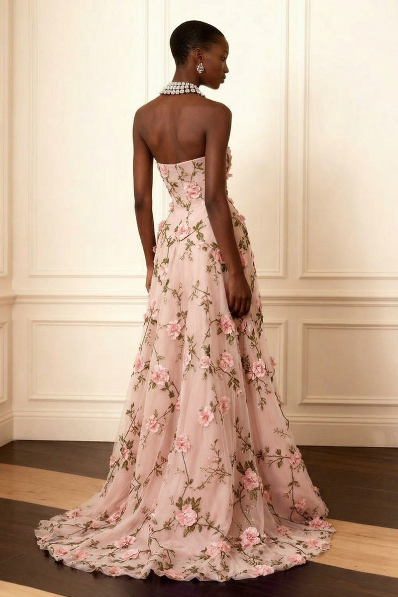 Load image into Gallery viewer, Purple A Line Strapless Floral Corset Long Prom Dress