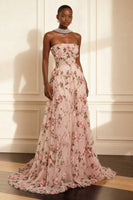 Load image into Gallery viewer, Purple A Line Strapless Floral Corset Long Prom Dress