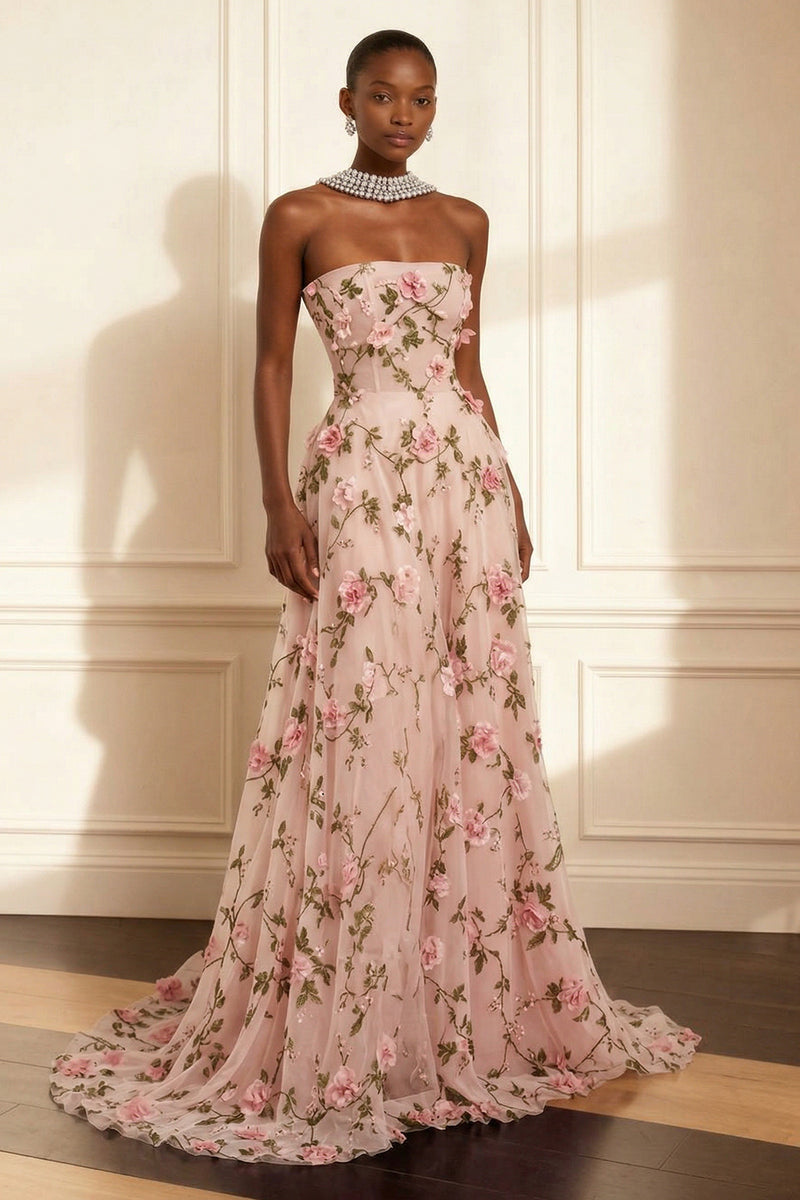 Load image into Gallery viewer, Purple A Line Strapless Floral Corset Long Prom Dress