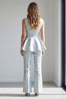2 Piece Light Blue Jacquard Double Breasted Shawl Lapel Business Suits