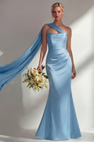 Load image into Gallery viewer, Burgundy Mermaid Neck Scarf Satin Ruched Long Prom Dress