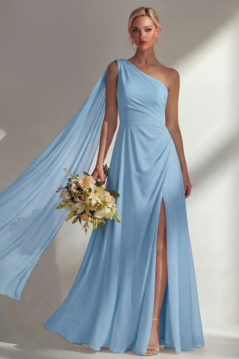 Load image into Gallery viewer, Burgundy One Shoulder Ruched A Line Long Beach Wedding Guest Dress with Side Cape