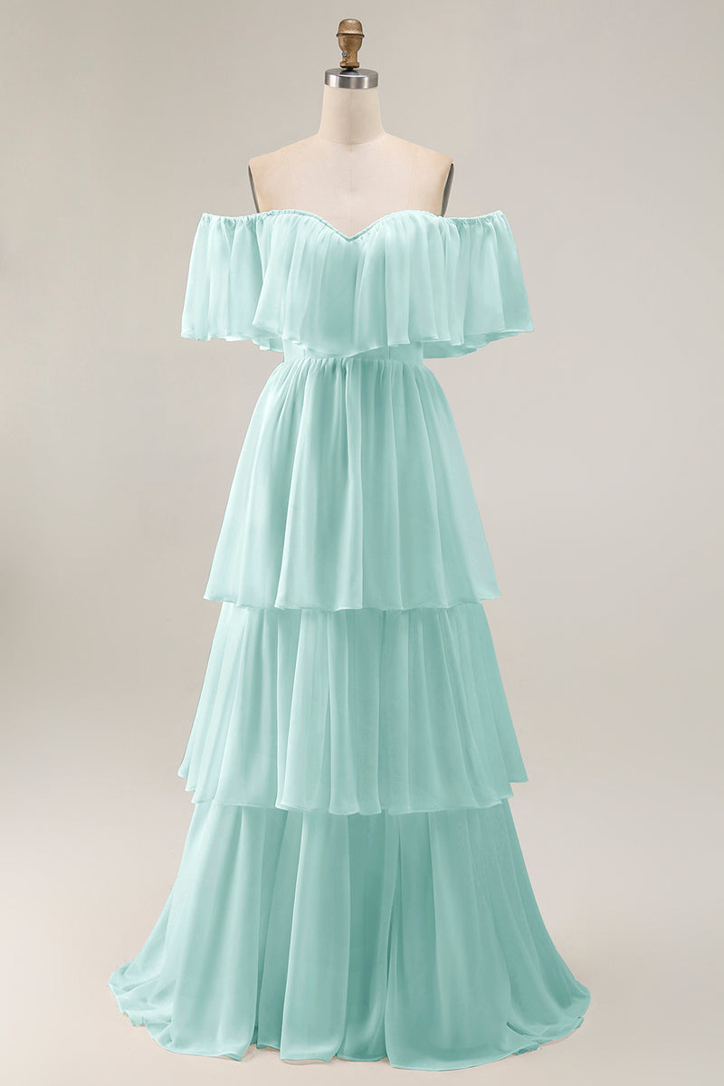 Load image into Gallery viewer, White Chiffon Off the Shoulder Tiered Boho Sweep Train Wedding Dress