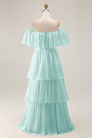 Load image into Gallery viewer, White Chiffon Off the Shoulder Tiered Boho Sweep Train Wedding Dress