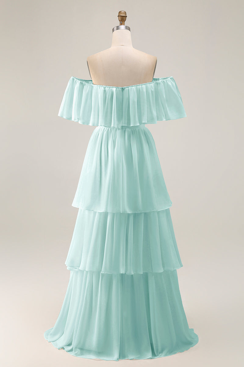 Load image into Gallery viewer, White Chiffon Off the Shoulder Tiered Boho Sweep Train Wedding Dress