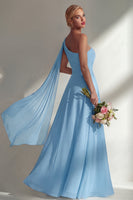 Load image into Gallery viewer, Burgundy One Shoulder Ruched A Line Long Beach Wedding Guest Dress with Side Cape
