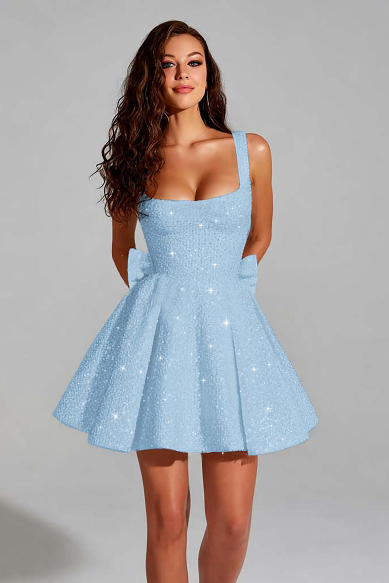 Load image into Gallery viewer, Sparkly White Square Neck Short A Line Prom Dress with Bow