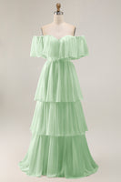 Load image into Gallery viewer, White Chiffon Off the Shoulder Tiered Boho Sweep Train Wedding Dress