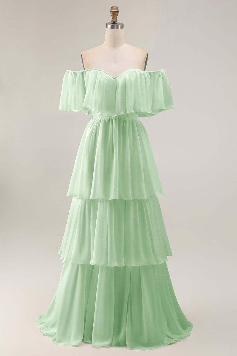 Load image into Gallery viewer, White Chiffon Off the Shoulder Tiered Boho Sweep Train Wedding Dress