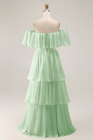 Load image into Gallery viewer, White Chiffon Off the Shoulder Tiered Boho Sweep Train Wedding Dress