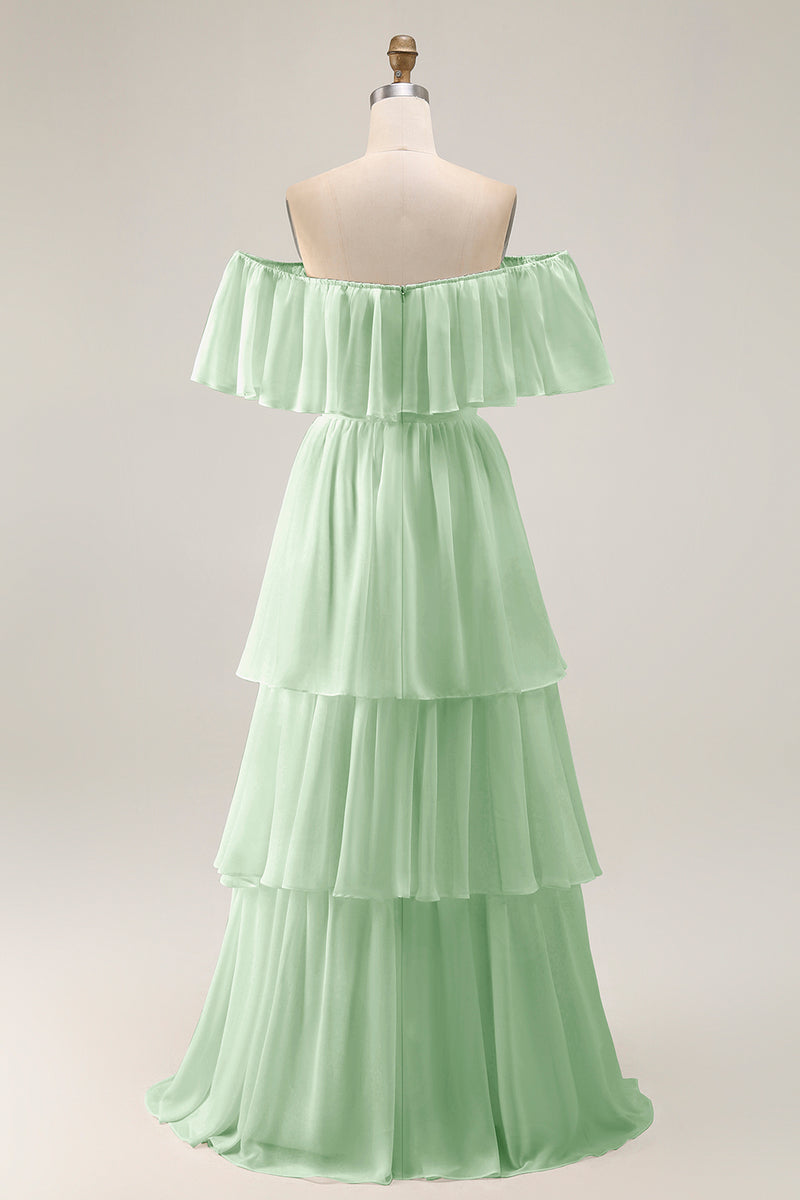 Load image into Gallery viewer, White Chiffon Off the Shoulder Tiered Boho Sweep Train Wedding Dress