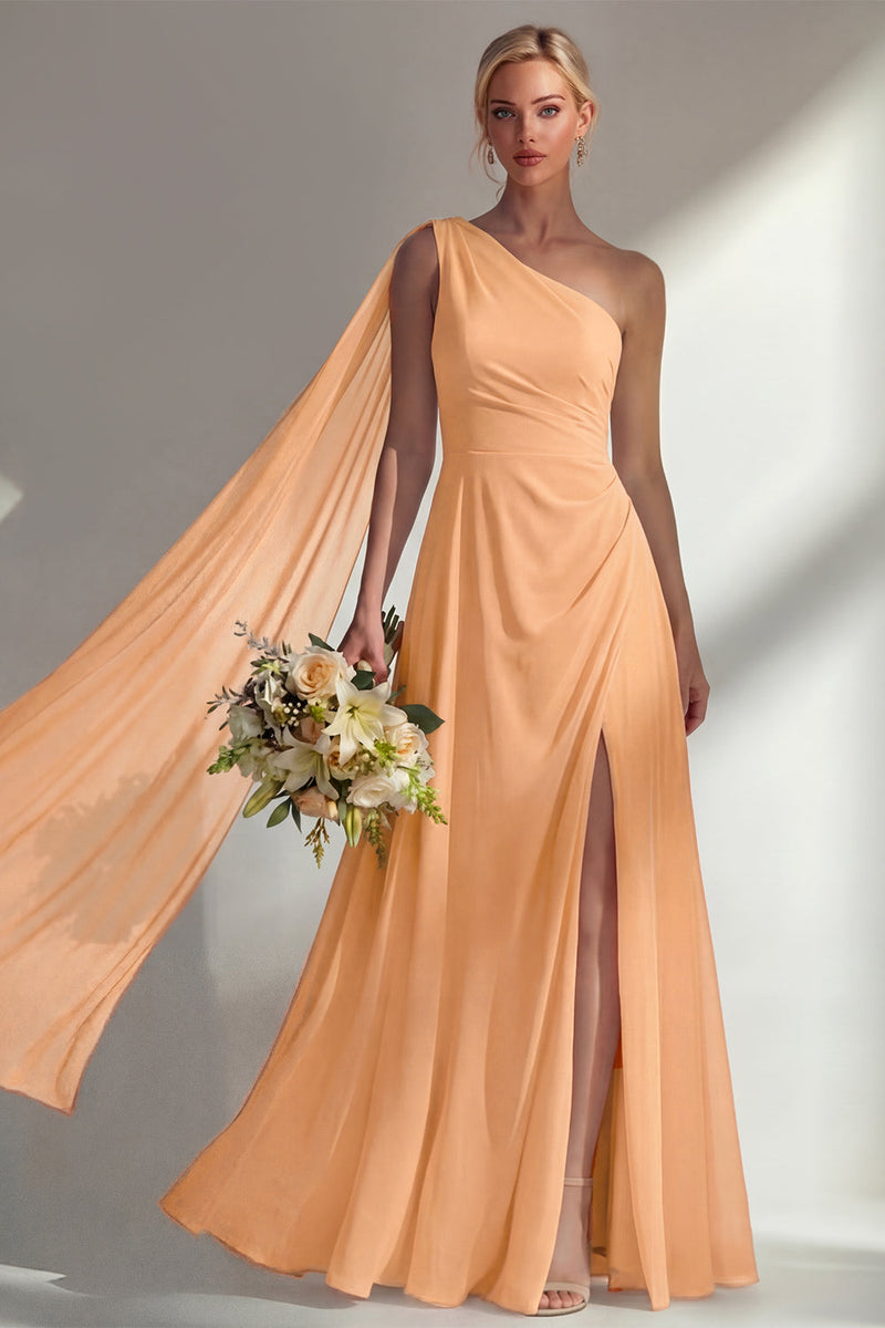 Load image into Gallery viewer, Burgundy One Shoulder Ruched A Line Long Beach Wedding Guest Dress with Side Cape